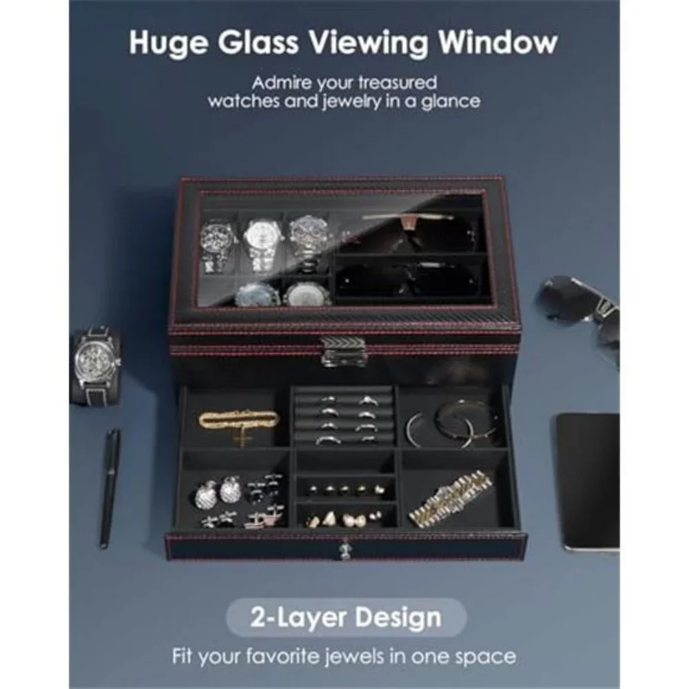 Watch Jewelry Box Organizer 6-Slot 2-Layer Watch Case and Sunglasses Storage